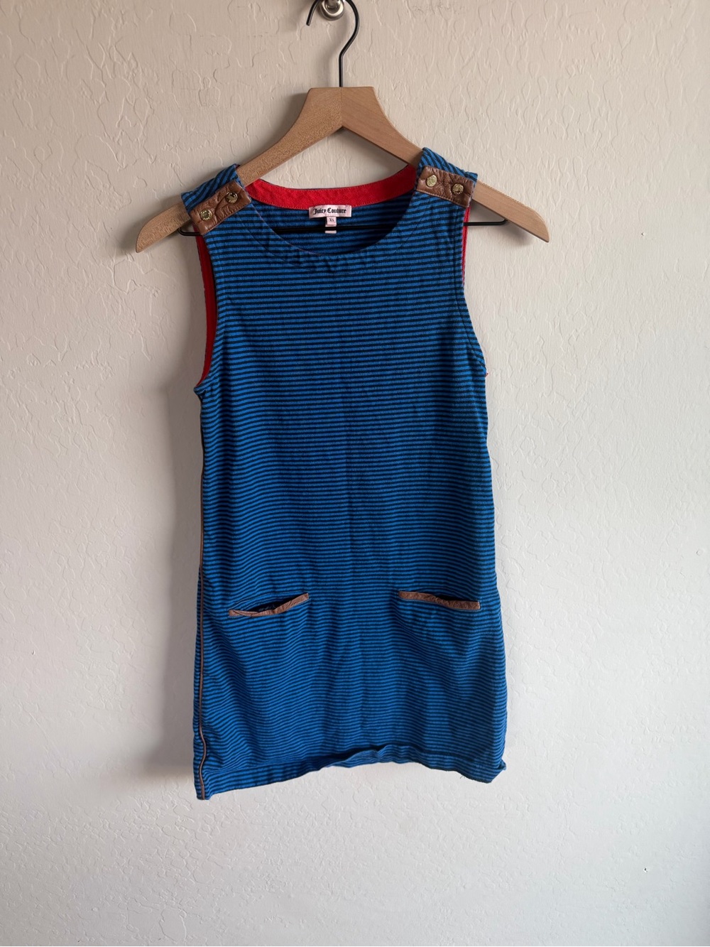 Juicy Couture Blue Striped Mini Dress Faux Leather Brown Trim XS Y2K 90s Preppy